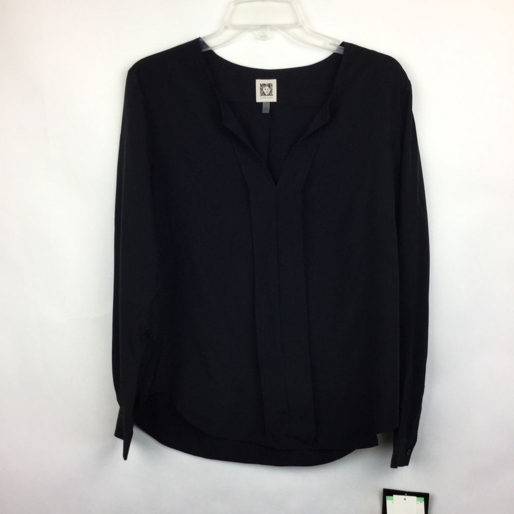 Anne Klein Sz 8 Top Black Silk Long Sleeve Blouse